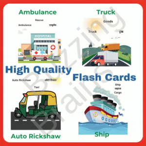 Vehicles Flashcard, for 2-5 years. For learning, knowledge and awareness of kids. Also, fun facts on the back of cards.